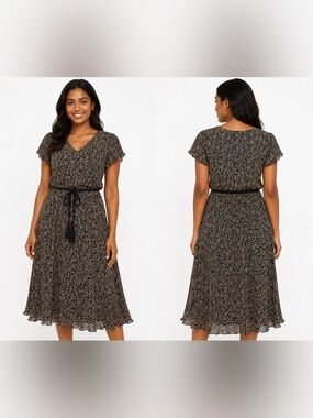 Connected Apparel Midi Dress Size 14 Black Tan Belted
